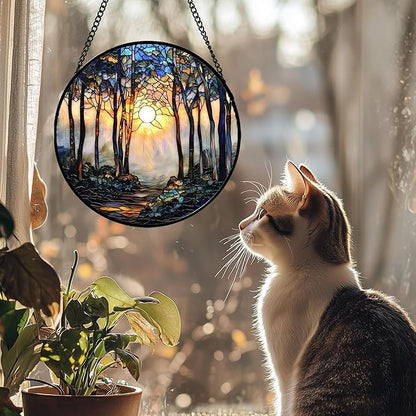 Stained Glass Window Hanging, Forest Sunrise Smoke Blue Brown Tree Suncatcher for Doors Window Home Landscape Sun Catchers Decor Mother's Day Birthday Gifts for Women, Men Mom 9.8 in