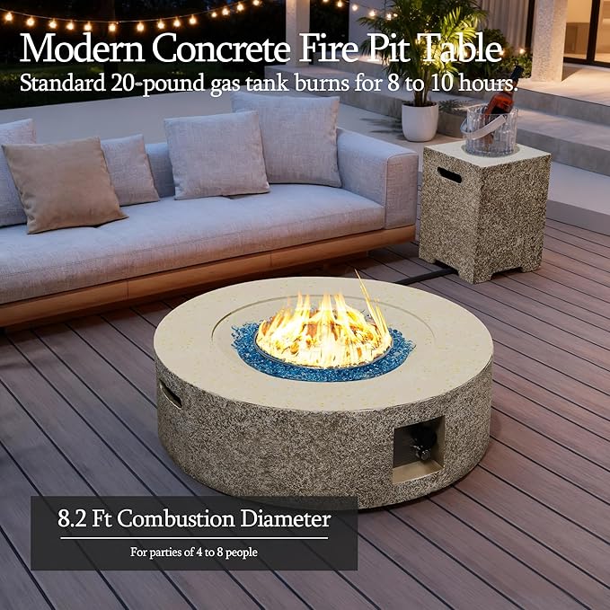 UPHA 42-inch Outdoor Propane Gas Fire Pit Table 50000 BTU Concrete Round FirePit for Outside Patio with Propane Tank Cover, Blue Glass Rocks, Rain Cover, Beige Texture
