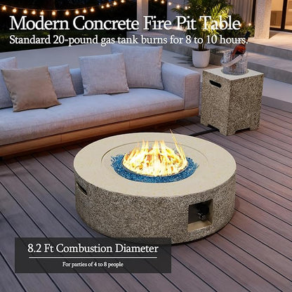 UPHA 42-inch Outdoor Propane Gas Fire Pit Table 50000 BTU Concrete Round FirePit for Outside Patio with Propane Tank Cover, Blue Glass Rocks, Rain Cover, Beige Texture
