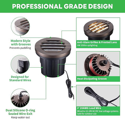 Ground Well Lights, Landscape LED Low Voltage Inground Lights, Outdoor Waterproof IP67, 12V Wired Aluminum Grille On Top ORB for Backyard Wall 6W 350LM 8 Pack