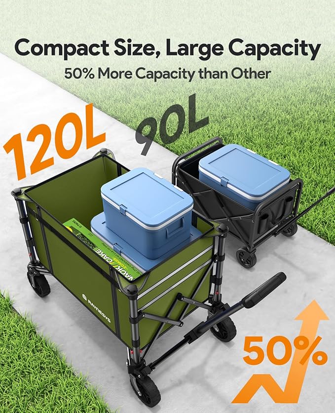 Collapsible Wagon Cart with Wheels 220lbs Foldable Wagon 120L Shopping Cart for Groceries Folding Utility Wagon for Beach, Garden, Camping, Sport, Wheelbarrows, Green