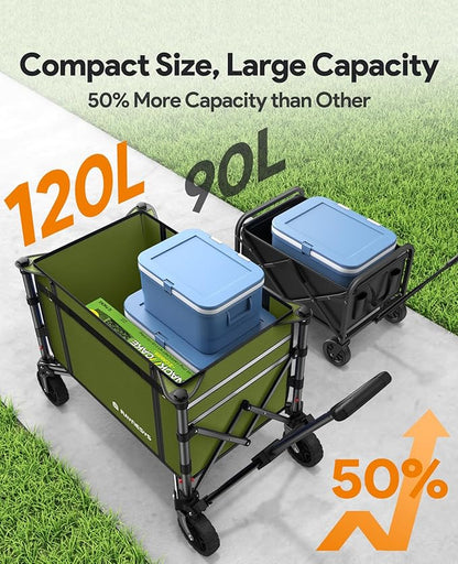 Collapsible Wagon Cart with Wheels 220lbs Foldable Wagon 120L Shopping Cart for Groceries Folding Utility Wagon for Beach, Garden, Camping, Sport, Wheelbarrows, Green