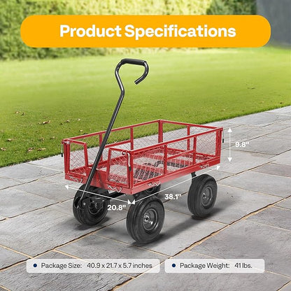 VIVOHOME Heavy Duty 880 Lbs Capacity Mesh Steel Garden Cart Folding Utility Wagon with Removable Sides and 4.10/3.50-4" Wheels 10 inch Tire(Red)