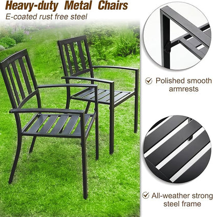 PHI VILLA 7 Piece Patio Dining Set with Umbrella, 60” Rectangular Metal Dining Table & 6 Stackable Metal Chairs & 13ft Large Red Umbrella for Outdoor, Deck, Yard, Porch