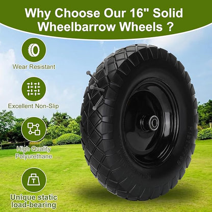 Upgraded 16" Flat Free Wheelbarrow Wheels and Tires, 4.80/4.00-8 Solid Tires with 5/8" & 3/4" Bearings,14"-16" Universal Fit Wheelbarrow Wheels for Wheelbarrows/Garden Trailer