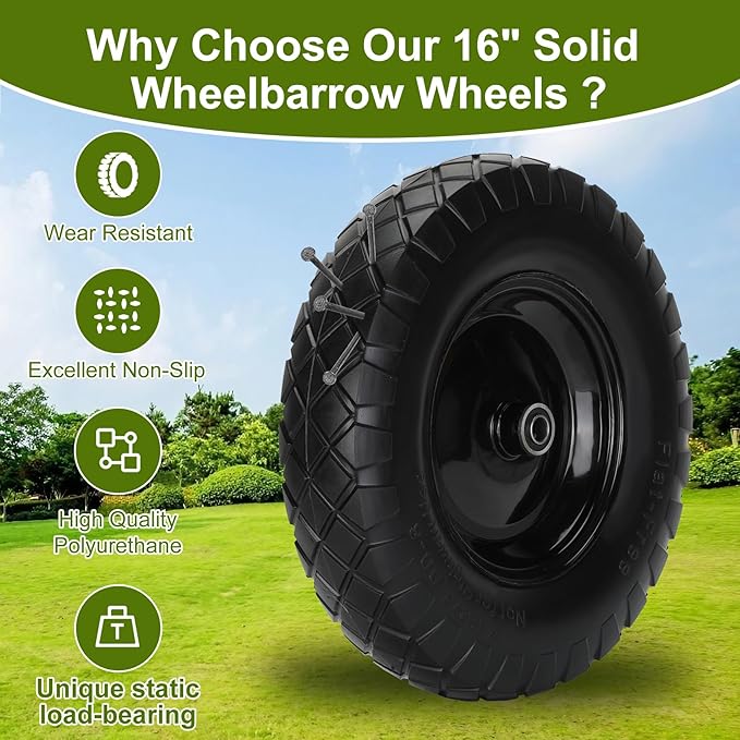 Upgraded 16" Flat Free Wheelbarrow Wheels and Tires, 4.80/4.00-8 Solid Wheelbarrow Tires with 5/8"&3/4" Bearings,14"-16" Universal Fit Wheelbarrow Wheels for Wheelbarrows/Garden Trailer
