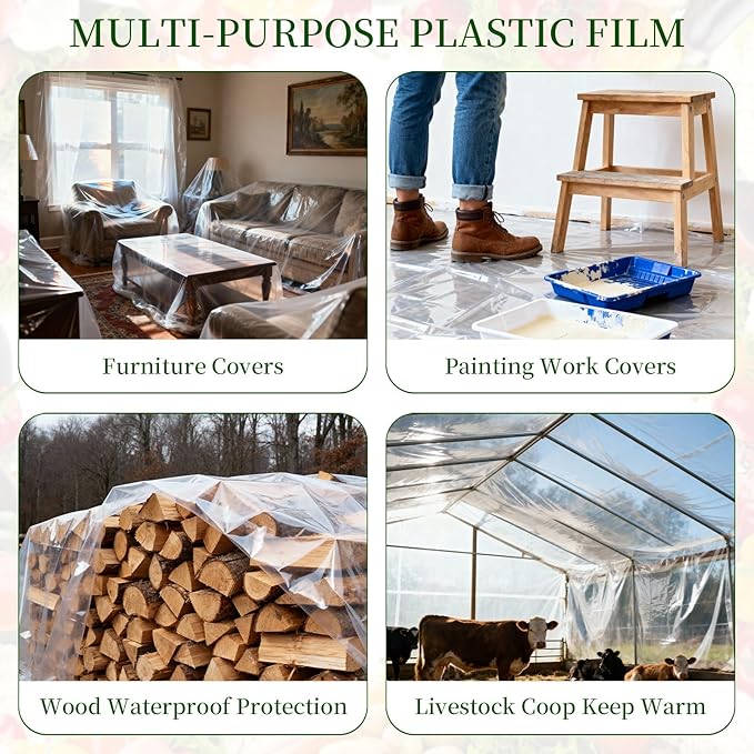 10x35 FT Greenhouse Plastic Sheeting,6 mil Transparent Greenhouse Film, UV Resistant Waterproof Plastic Covering for Winter, Polyethylene Greenhouse Covering for Farm, Garden,Agriculture