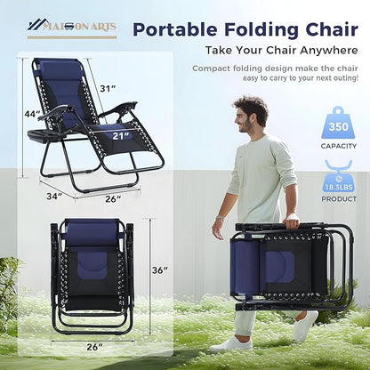 MAISON ARTS Padded Zero Gravity Lawn Chairs Set of 2 Foldable Patio Recliners Anti Gravity Lounge Chairs w/Pillow & Cup Holder Outdoor Camp Chairs for Poolside Backyard Beach, Blue