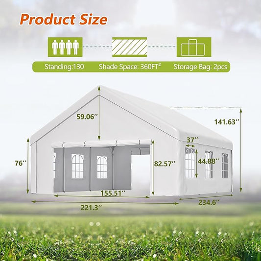 20x20 FT Heavy Duty Party Tent, White Outdoor Canopy with Removable Sidewalls & 2 Storage Bags, Waterproof Gazebo for Wedding, BBQ, Camping, and Commercial Use