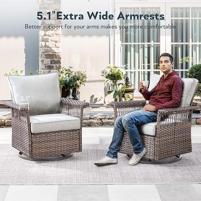 Outdoor Swivel Glider Chairs Set of 2 - Hollow Widen Armrests Wicker Patio Furniture Set, Comfortable High Back Outside Swivel Rocker for Balcony Porch Deck and Yard - Brown/Beige