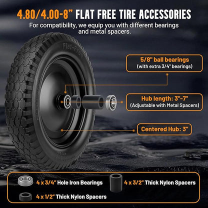 Wheelbarrow Tire 4.80/4.00-8 Flat-Free Tire and Wheel 14.5" Solid Wheelbarrow Tires with 3"-7" Centered Hub and 5/8" & 3/4" Bearings for Hand Truck, Trolley, Garden Cart, Wagons (2 Pack)