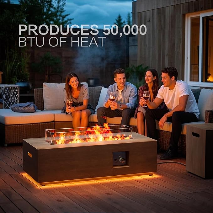 42" Outdoor Fire Pit Table, 50,000 BTU Gas Fire Pit with Glass Wind Guard, Fire Stones, Waterproof Cover, Propane Fire Pit Table for Outside Patio (Warm Light, Brown)
