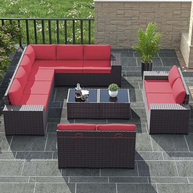 Outdoor Patio Furniture Set, 12 Pieces Outdoor Furniture All Weather Patio Sectional Sofas PE Wicker Modular Conversation Sets with Coffee Table,10 Chairs & Seat Clips Red.