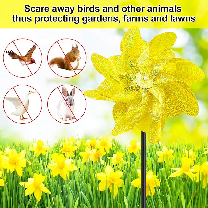 10 Packs Pinwheels Gold Reflective Wind Spinner Garden Pinwheel Sparkly Windmills Scare Birds Animal Away Wind Spinners for Yard and Garden Decor