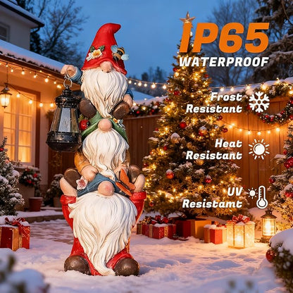 Mom Christmas Gnome Statue with Solar Lights Garden Sculptures Funny Triple Gnome Outdoor Patio Lawn Yard Balcony Home Decor Birthday Gifts for Woman Grandma 12 in Thanksgiving Gnome