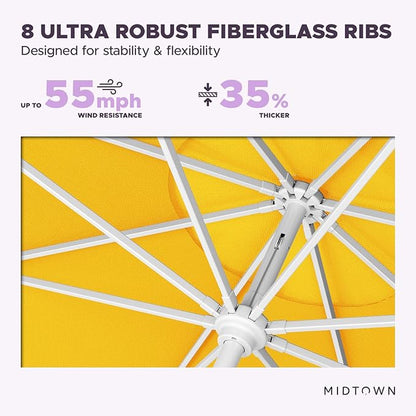 Midtown Umbrellas The Swilt 9 Feet Patio Umbrella in Sunbrella Yellow Acrylic Fabric - Fiberglass Ribs, Auto-Tilt Aluminum Frame For Backyard, Deck, Garden, Pool - White Pole