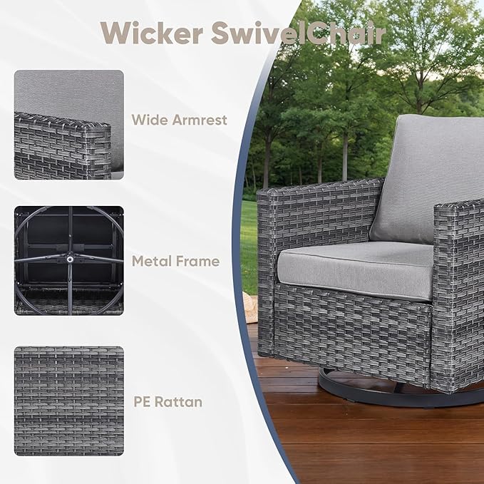 Wicker Patio Furniture Set, 6 PCS Outdoor Patio Furniture Set with Swivel Chairs, Includes 2 Swivel Patio Chairs, 1 Outdoor Couch, 1Side Table and 2 Ottoman, Grey/Grey