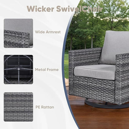Wicker Patio Furniture Set, 6 PCS Outdoor Patio Furniture Set with Swivel Chairs, Includes 2 Swivel Patio Chairs, 1 Outdoor Couch, 1Side Table and 2 Ottoman, Grey/Grey