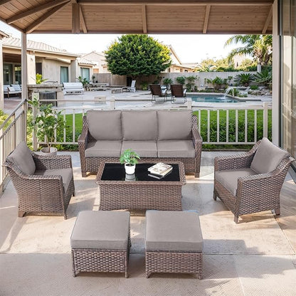 6 Pieces Outdoor Patio Furniture-High Back Rattan Wicker Couch with Outdoor Chairs Patio Conversation Sets for Porch Garden Backyard Poolside-Brown/Grey
