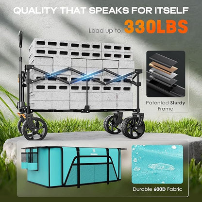 Navatiee Big Wheels Collapsible Wagon Cart Foldable, Heavy Duty Beach Wagon with Silent All-Terrain Wheels, Folding Utility Grocery Cart with Side Pocket and Brakes for Camping Garden Sports, Blue