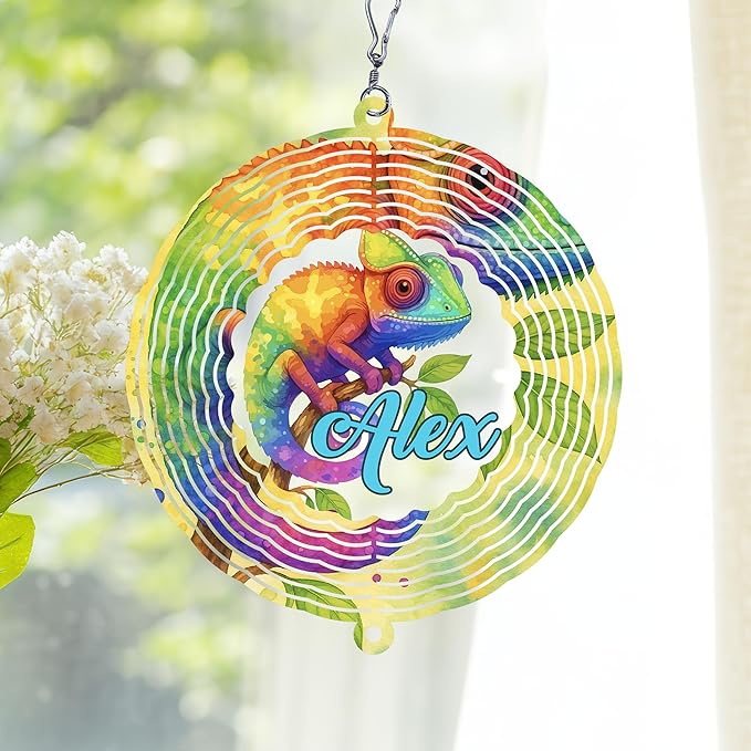 Personalized Chameleon Wind Spinner 3D Stainless Steel, Chameleon Garden Spinner Hanging Outdoor Decor, Wind Spinners Outdoor, Custom Gift for Grandmother, Mom, Wife