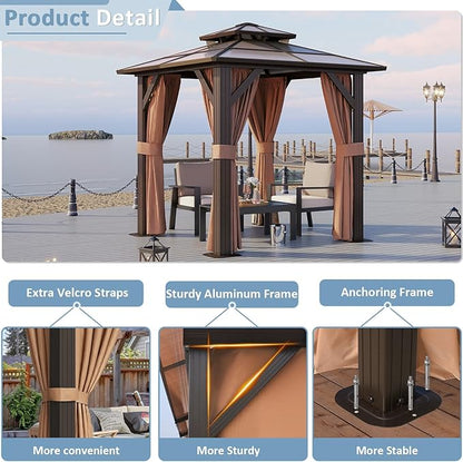 Aoxun 8'x 8' Hardtop Gazebo, Outdoor Polycarbonate Double Top Canopy, Aluminum Frame Gazebo with Netting and Curtains, Sunshade for Gardens, Patios, Lawns, Brown