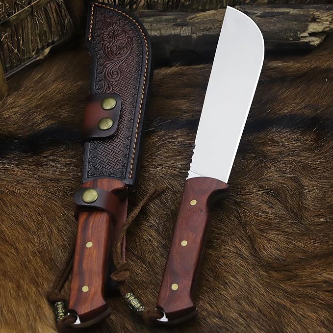 BA-KOR USA 8mmDC53 steel 35CM (14 ") full Tang fixed knife with leather sheath and (5.9 ") ceria ignition head, suitable for outdoor hunting, camping, clearing, adventure, fishing, EDC, BBQ (BA-K0a(8mm))