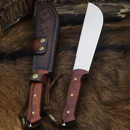 BA-KOR USA 8mmDC53 steel 35CM (14 ") full Tang fixed knife with leather sheath and (5.9 ") ceria ignition head, suitable for outdoor hunting, camping, clearing, adventure, fishing, EDC, BBQ (BA-K0a(8mm))