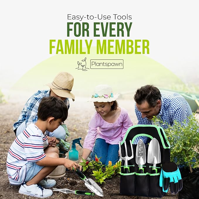 8 PCS Gardening Tools Set with Bag | Heavy-Duty Rust-Proof Hand Tools with Plastic Handles Includes 15 Plant Tags | Ideal Gift for Women, Men, Mom, Dad & Gardeners