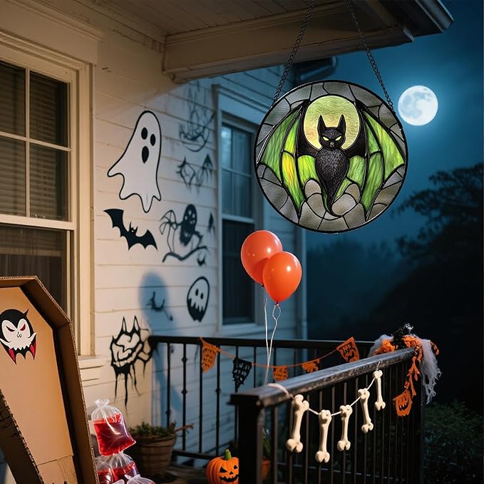 Stained Glass Window Hanging - Halloween Black Bat Green Wings Monster Suncatcher for Doors Garden Home Spooky Sun Catchers Gothic Decor Horror Gift for Women Men Friend Boy Girl 9.8 in