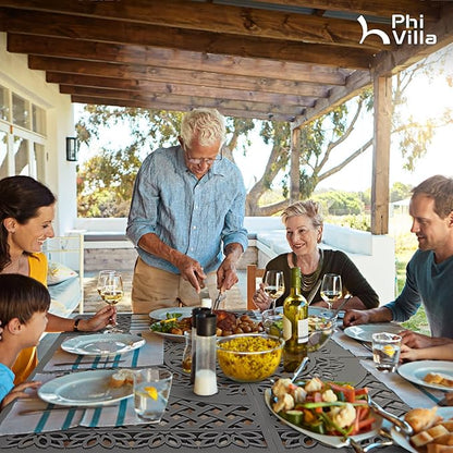 PHI VILLA 9 Pieces Outdoor Cast Aluminum Dining Set for 8, Square Metal Dining Table with Umbrella Hole & Cushioned Wicker Rattan Chairs, Dining Furniture Set for Patio, Deck, Yard and Porch