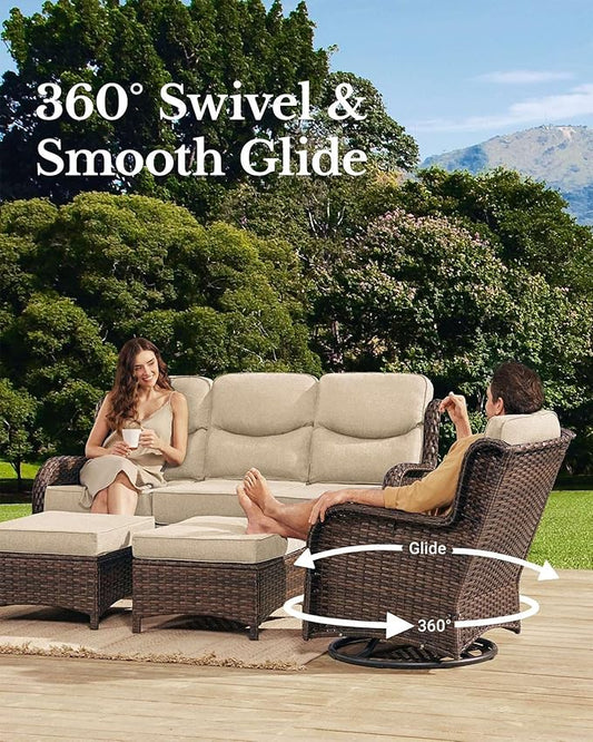 HILLGA Luxury Patio Furniture Set with 6-Inch Thick Cushions, High Back Outdoor Swivel Rocker Chairs and Patio Couch, 7-Piece All Weather Conversation Set for Porch Deck Pool Yard, Beige (V3)
