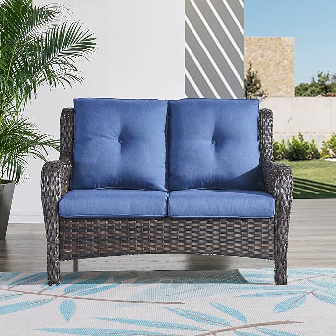 HUMMUH Outdoor Loveseat Sofa 2-Seat PE Rattan Patio Love Seat with Cushions,Deep Seat High Curved Back Armset Sectional Couch for Patio,Garden,Yard,Porch