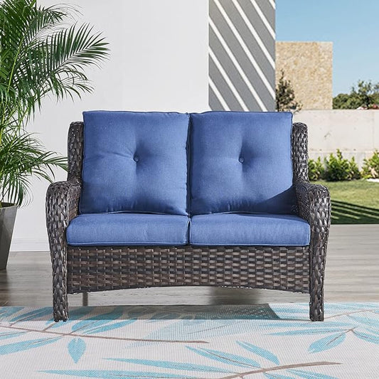 HUMMUH Outdoor Loveseat Sofa 2-Seat PE Rattan Patio Love Seat with Cushions,Deep Seat High Curved Back Armset Sectional Couch for Patio,Garden,Yard,Porch