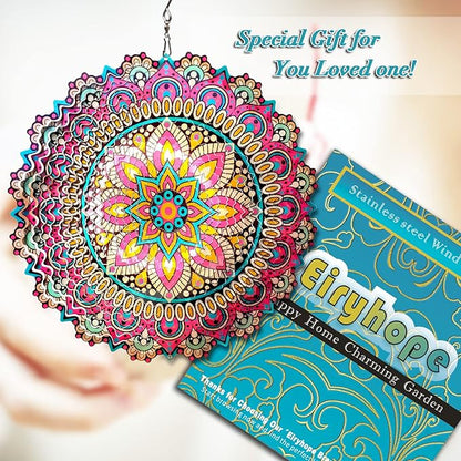 Mandala Blossom Wind Spinner - Metal Wind Spinners | 12inch 3D Kinetic Laser Cut Hanging Wind Sculpture & Wind Catcher | Outdoor Decor for Garden, Patio, Yard Art