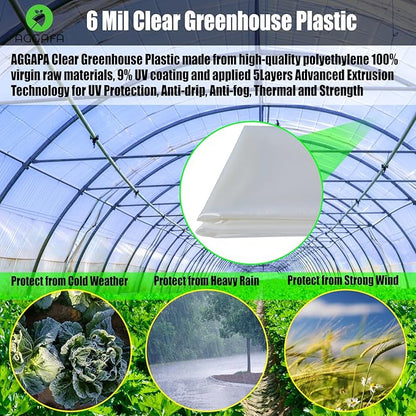 6 mil (10ft x 15ft) 100% Virgin Material. 5Layers Advanced Extrusion Technology for UV Protection, Anti-drip, Anti-Fog, Thermal and Strength. 4Years Lifetime UV Resistant Greenhouse Plastic
