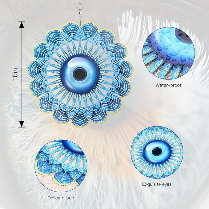 Blue Evil Eye Hanging Wind Spinners Outdoor Metal Evil Eye Decor Mandala 3D Stainless Steel Wind Spinner Protective Amulet for Home Outdoor Garden Yard Decoration (Mandala)