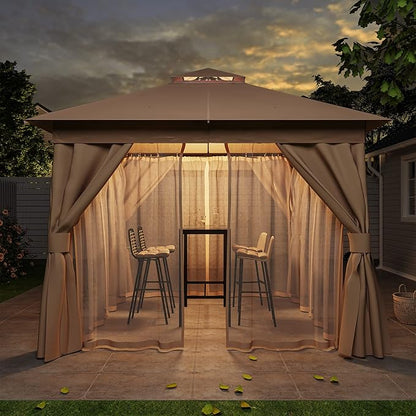 Outdoor Patio Gazebo 8FT, Heavy Duty Party Tent & Shelter with 2-Tier Roof and Expansion Bolts, Mosquito Nettings and Privacy Screens for Backyard, Garden, Poolside, Khaki