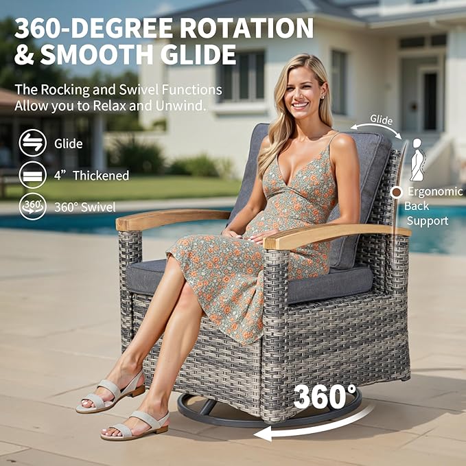 MEISSALIVVE 9 Pieces Outdoor Patio Furniture Sets,PE Wicker Patio Conversation Sets with 2 Wood Armrests Swivel Rocker Chairs,2 Single Chairs, 2-seat Sofa and Coffee Table(Grey)