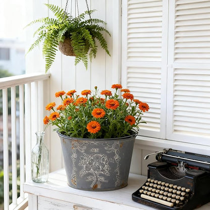 Vintage Embossed Metal Planter Pot with Handle, Rustic Farmhouse Flower Bucket, 11.81" Decorative Garden Pot for Indoor Outdoor Plants, Succulents, Herbs, Home Decor Accent