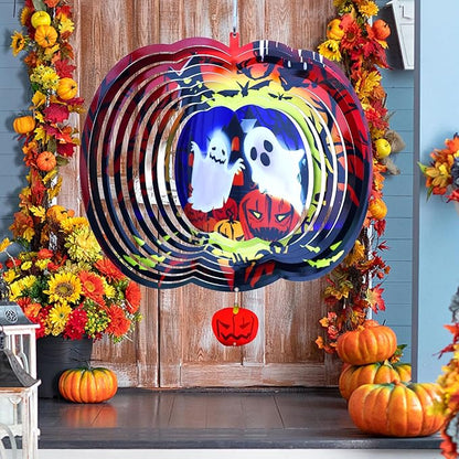 Halloween Pumpkin Wind Spinner - Outdoor Metal Decor with Spinning Ghosts & Bats, 3D Spooky Garden Art Ornaments Decorations for Halloween Party, Patio and Porch Gift 12 Inch