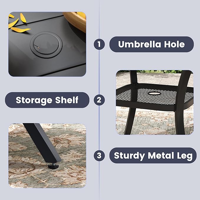 VICLLAX 5 Pieces Outdoor Dining Set, Patio Furniture Set of 4 Patio Swivel Dining Chairs and Square Patio Table with Storage Shelf, Navy Blue Chairs & Black Tabletop