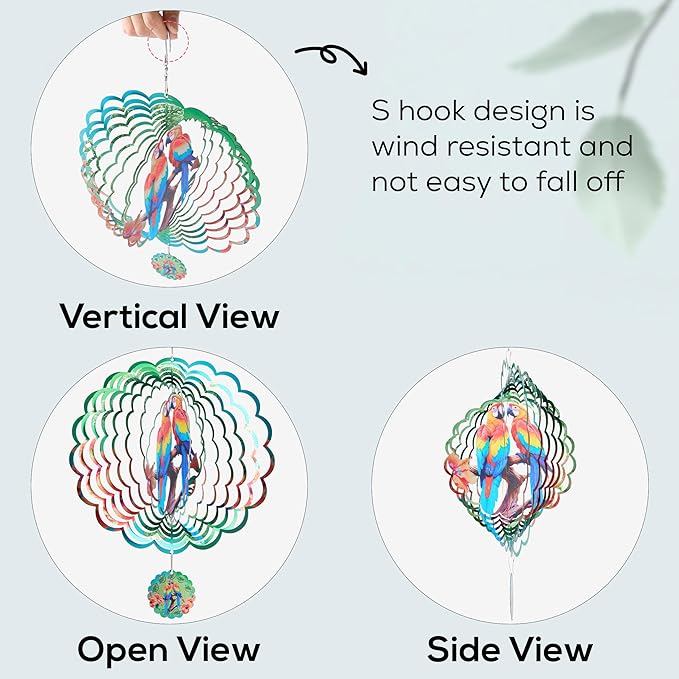 Parrot Ornaments, 12 Inches 3D Aluminum Metal Hanging Wind Spinners, for Garden Decor That Spins with The Help of Wind Energy.