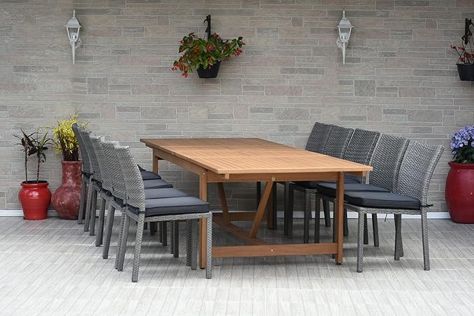 Amazonia Jefferson 9-Piece Patio Extendable Dining Table Set | Teak Finish & Light Grey Wicker Chairs with Cushion | Ideal for Outdoors and Indoors