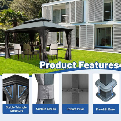 Outdoor Hardtop Gazebo for Patio 10x14FT with Resin-Galvanized Steel Roof, Metal Hard Top Gazebo with Gutters, Heavy Duty Gazebos All Season with Curtains & Netting, for Deck, Backyard, Hot Tub