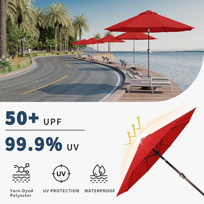 9FT Patio Umbrella with Fiberglass Ribs, Outdoor Market Table Umbrella with Crank and Tilt, UV Resistant Waterproof Canopy for Patio, Garden, Deck, Pool, Red