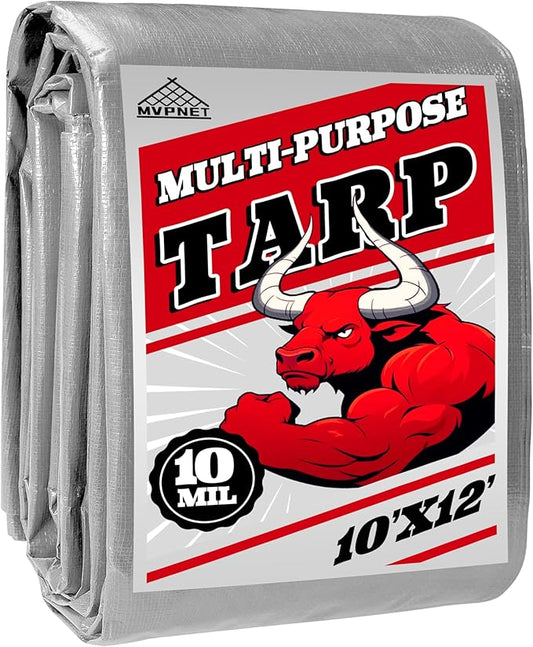 Tarp Heavy Duty 10x12ft Waterproof Tarps,10mil Uv Resistant,Multipurpose Silver/Black Tarps for Cars,Camping,Roof,Ship,Garden.by-MVPNET