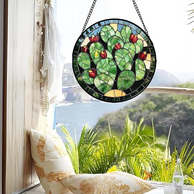 Stained Glass Window Hanging - Green Cactus Suncatcher for Doors Garden Patio Retro Plants Sun Catchers Decor Christmas Mother's Day Birthday Gifts for Women Men Mom Nana Friend 11.8 in