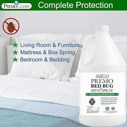 Premo Guard Bed Bug Killer Spray 128 oz - University Tested 100% Kill Rate - Natural Non Toxic, Stain & Scent Free - Kill Bedbugs & Mites On Bed & Blankets, Furniture, Clothing - Child & Pet Safe