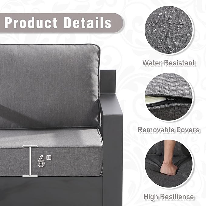 Aluminum Patio Chair - Outdoor Chair with 6" Thick Water-insistant Cushions, All-Weather Use Frame, Removable Cover, Ideal for Garden, Poolside (Grey)